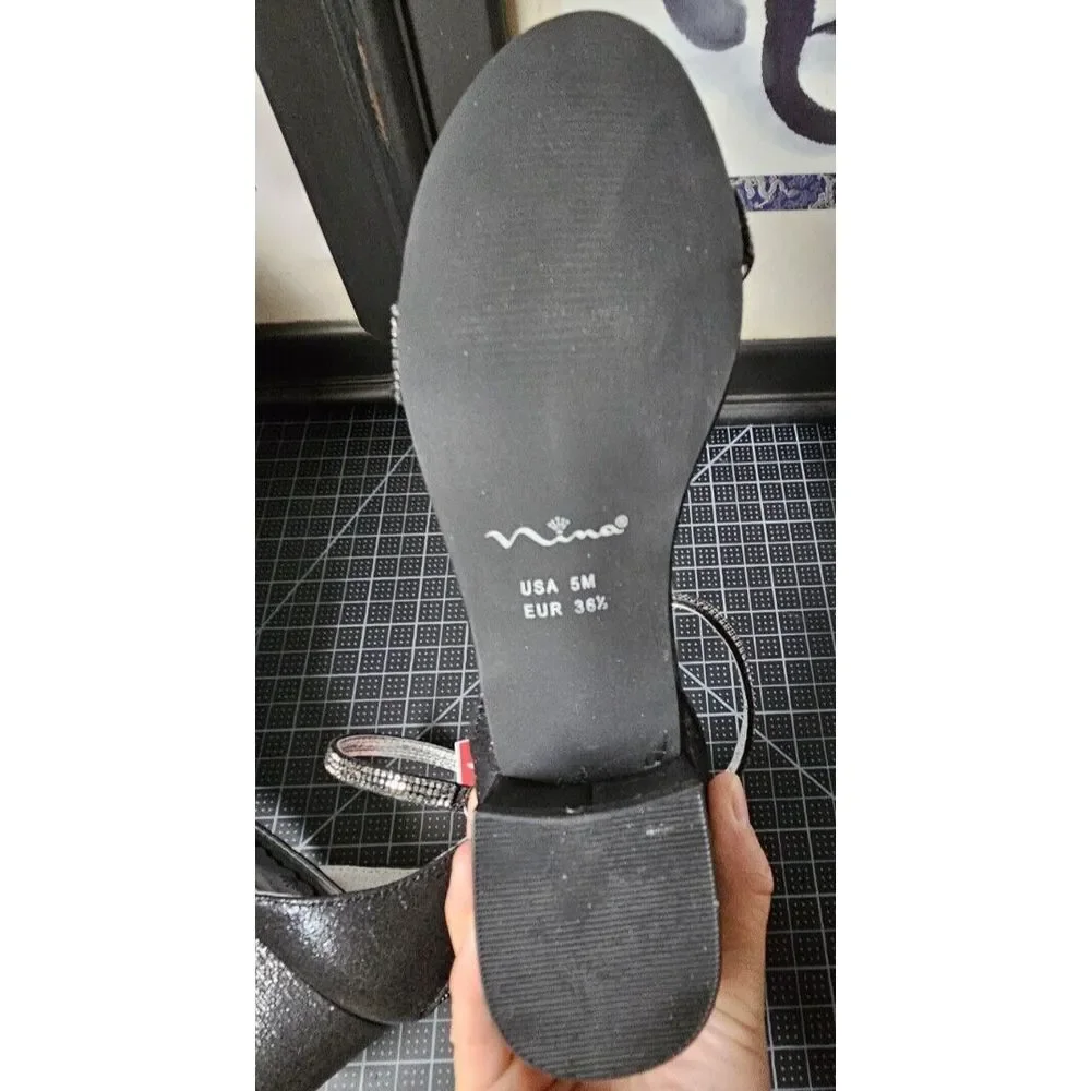 NINA Girl's Valetta Black Shimmer ankle strap sandals Big Kid 5M‎